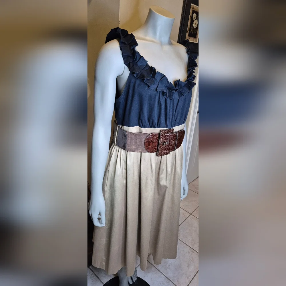 Jessica Howard Beige And Blue Dress, Croc-Embossed Belt - Picture 5 of 13